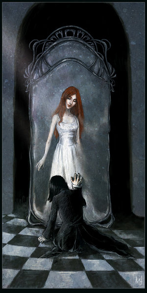 Liliin obraz v zrcadle z Erisedu, před ní klečí smutný S. Snape
